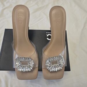 INC International Concepts Women's Tan Slide Sandals with Crystal Embellishment